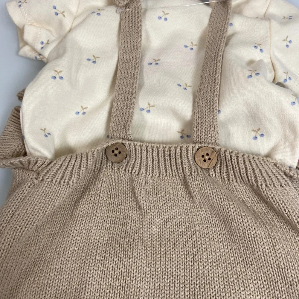 Rabbit + Bear Girls 3-6M Tan Knit Romper Bodysuit Set NEW Organic Cotton Cherry
